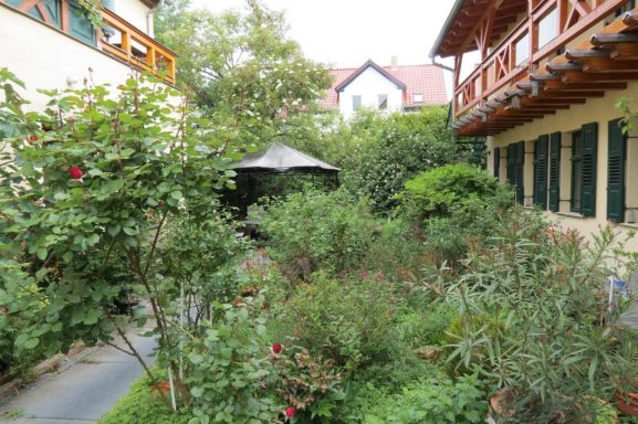 Blick in den Garten - FeWo am Zwenkauer See Ein blühender Garten mit Büschen und einem Pavillon zwischen zwei Gebäuden.